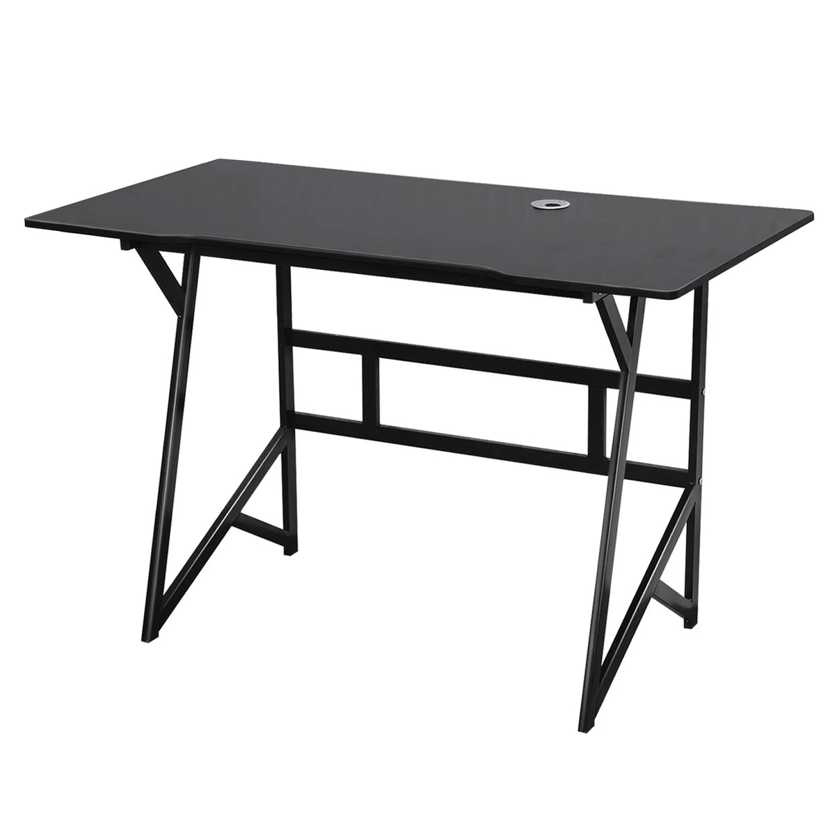 Home Office Gaming Desk with K-shaped Steel Legs, Modern Black Laptop Computer Desk with Cable Management Hole, Corner Table