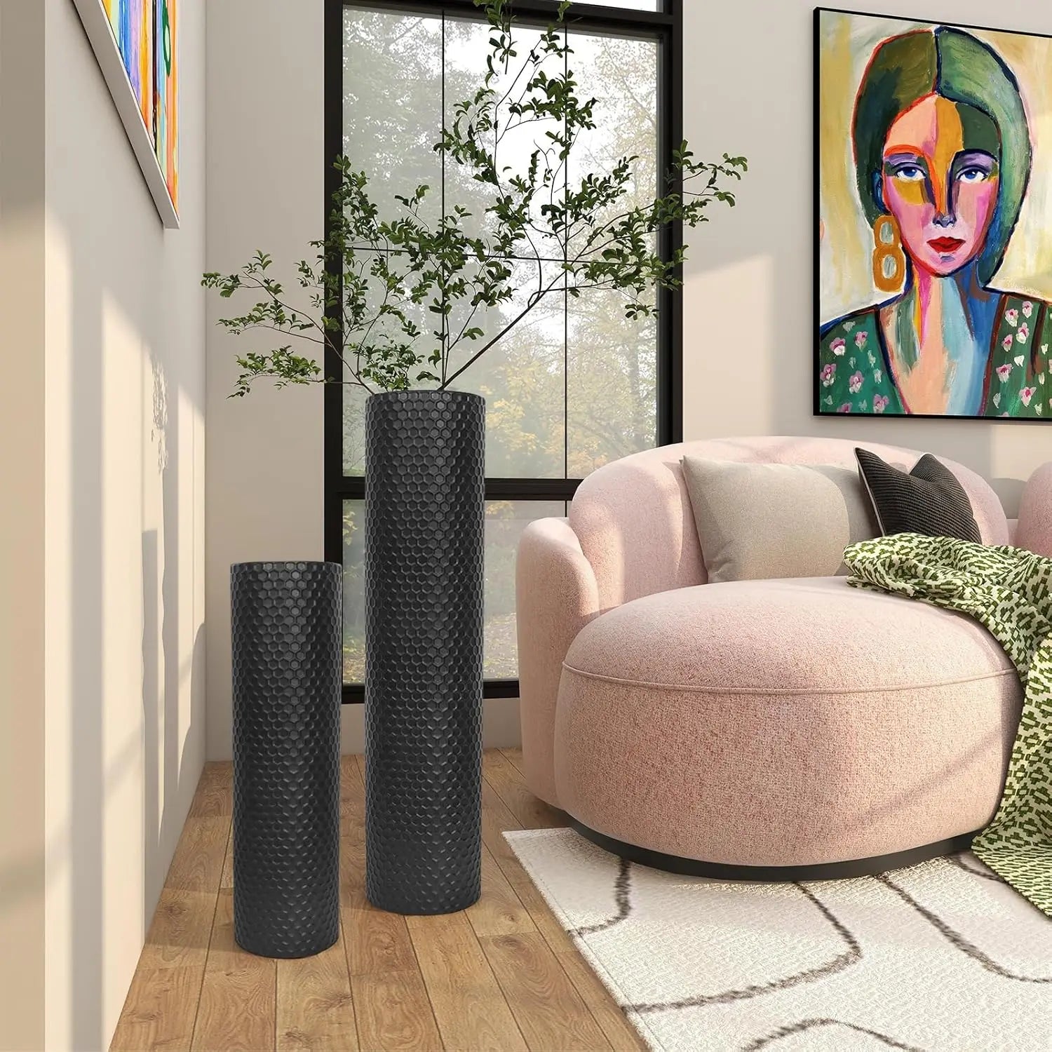 Set of 2 Tall Black Cylinder Vases - 27/21in Metal Honeycomb Texture for Modern Home Decor
