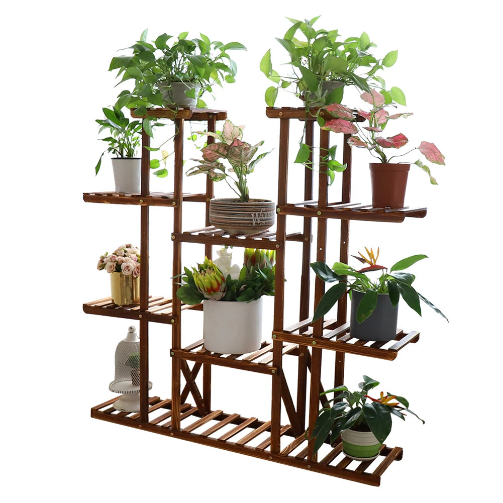 9-Tier Pine Wood and Metal Plant Stand – Indoor & Outdoor Planter Display Rack for Flowers, Bonsai, Succulents, Garden, Balcony, Living Room