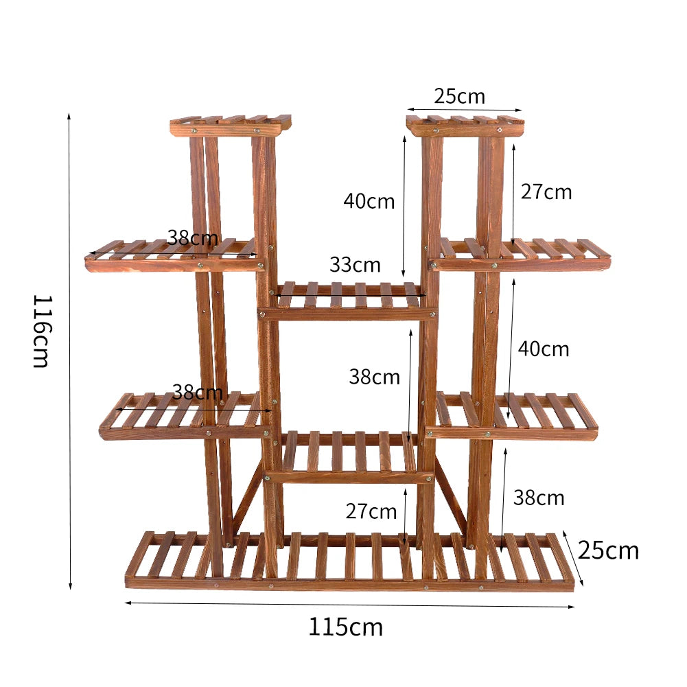 9-Tier Pine Wood and Metal Plant Stand – Indoor & Outdoor Planter Display Rack for Flowers, Bonsai, Succulents, Garden, Balcony, Living Room