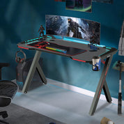 Gaming Desk PC Computer Gamer Desk Ergonomic Workstation with RGB LED Lights Headphone Hook Cup Holder for Home Offices