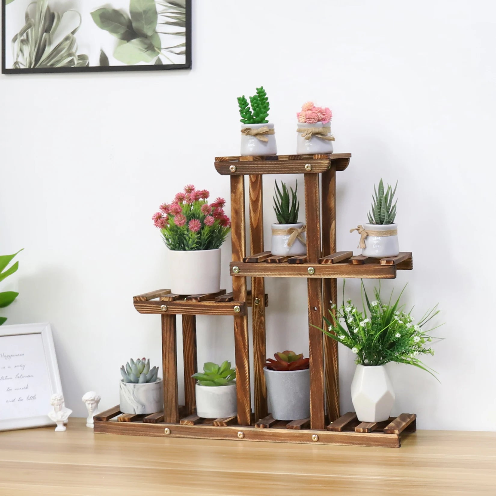 Carbonized Wood Plant Stand for Outdoor Balcony Garden