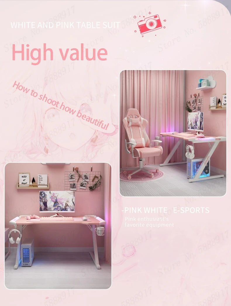 Pink streamer table desktop computer table family anchor cute girl game table combination sturdy high-end table
