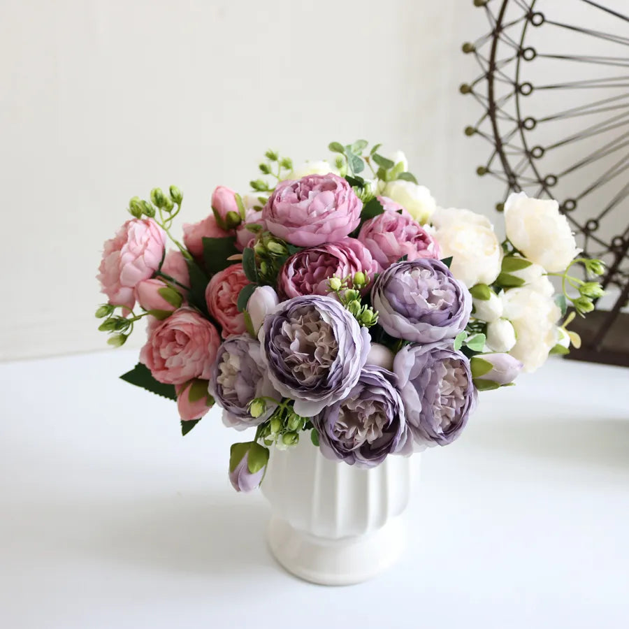 Silk Peony Rose Bouquet with Vase