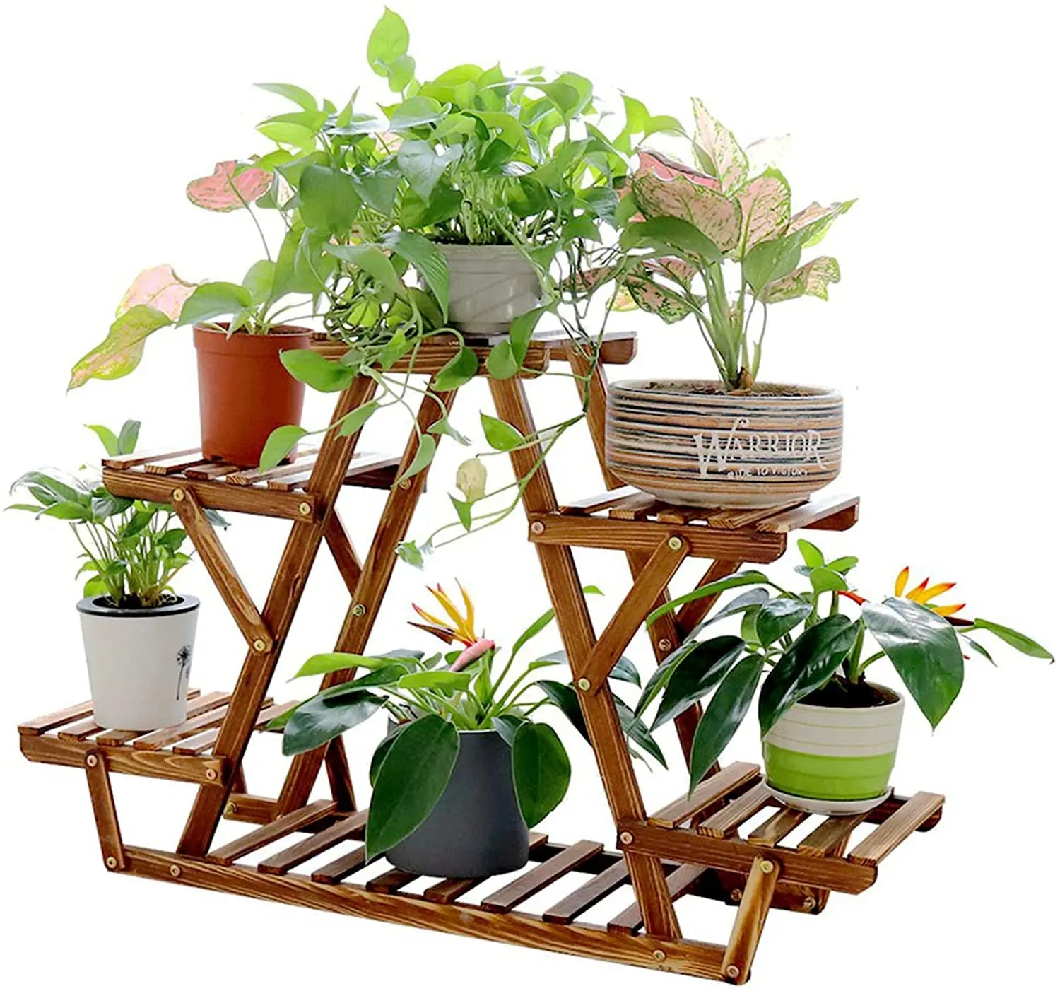 6 Tiered Carbonized Wood Plant Stand for Indoor Outdoor Plants