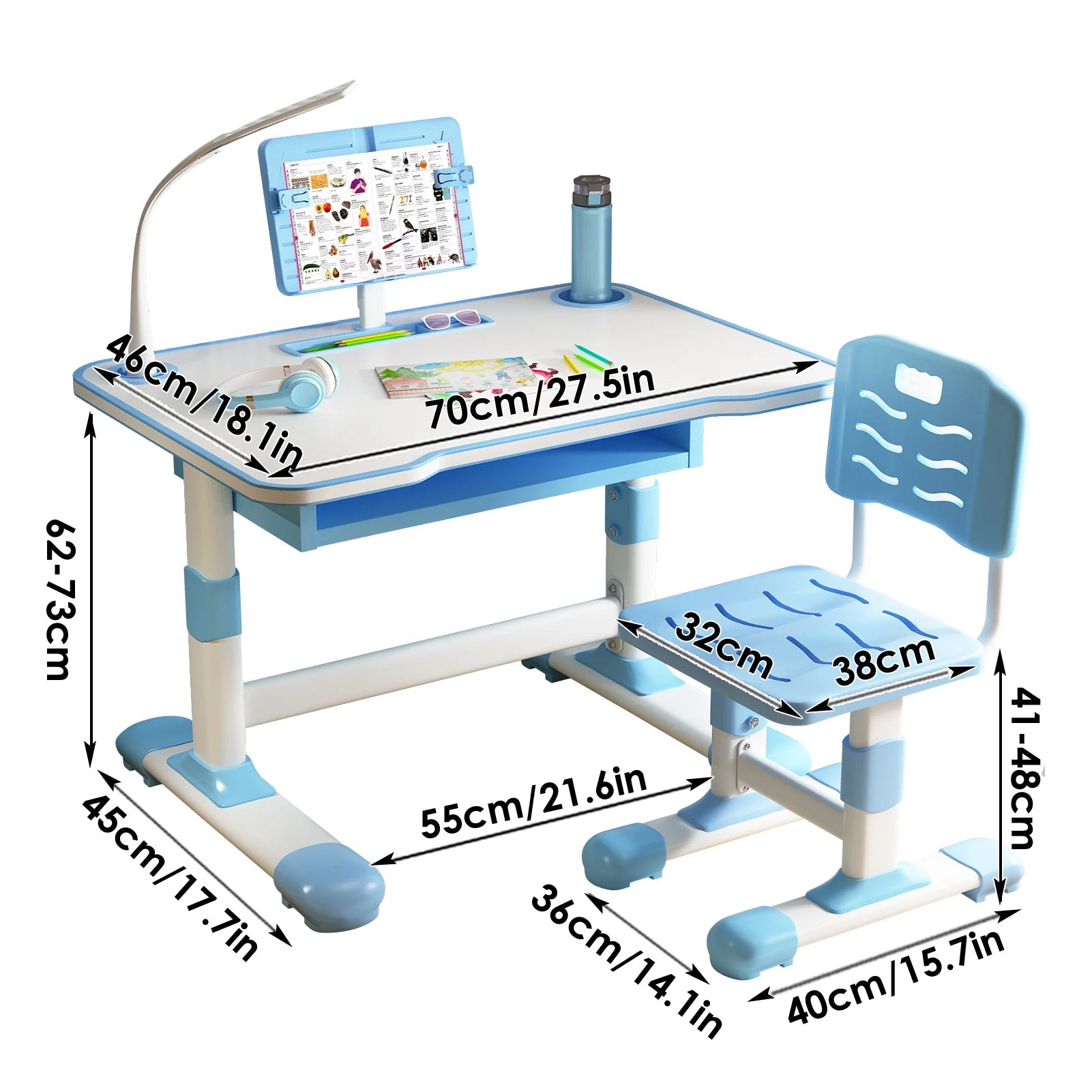 Kids Study Desk Chair Set, Height Adjustable Writing Table with Tiltable Reading Stand LED Table Light, Children Learning Table