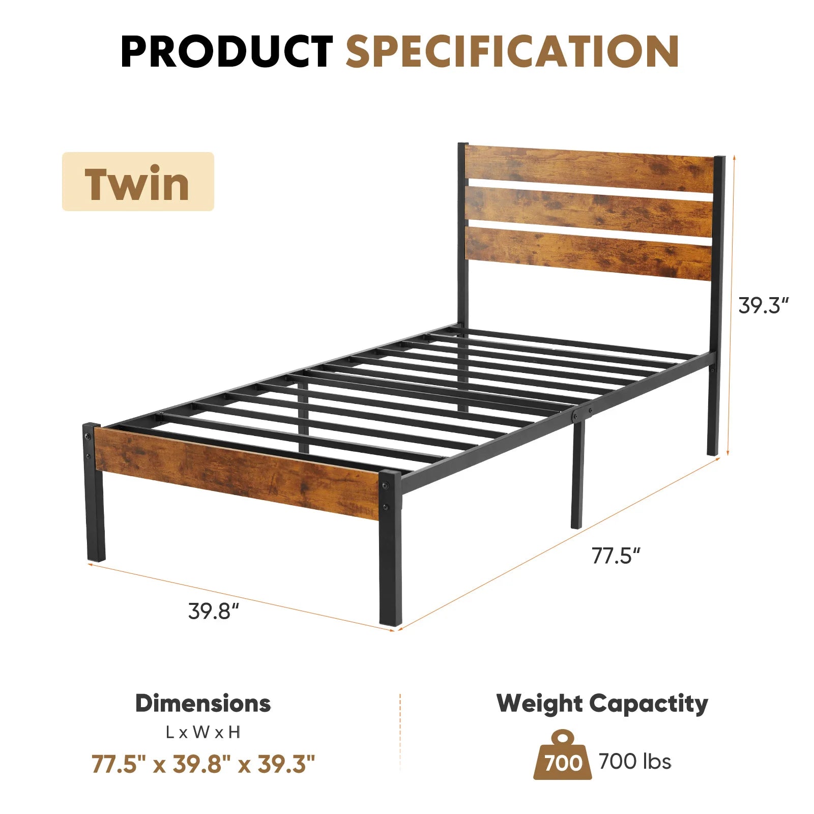JHK Industrial Wood and Metal Bed Frame – Heavy-Duty Platform Bed with 12.8-Inch Under-Bed Storage, Rustic Headboard & Footboard, Noise-Reducing Slats, Fits Standard Mattress