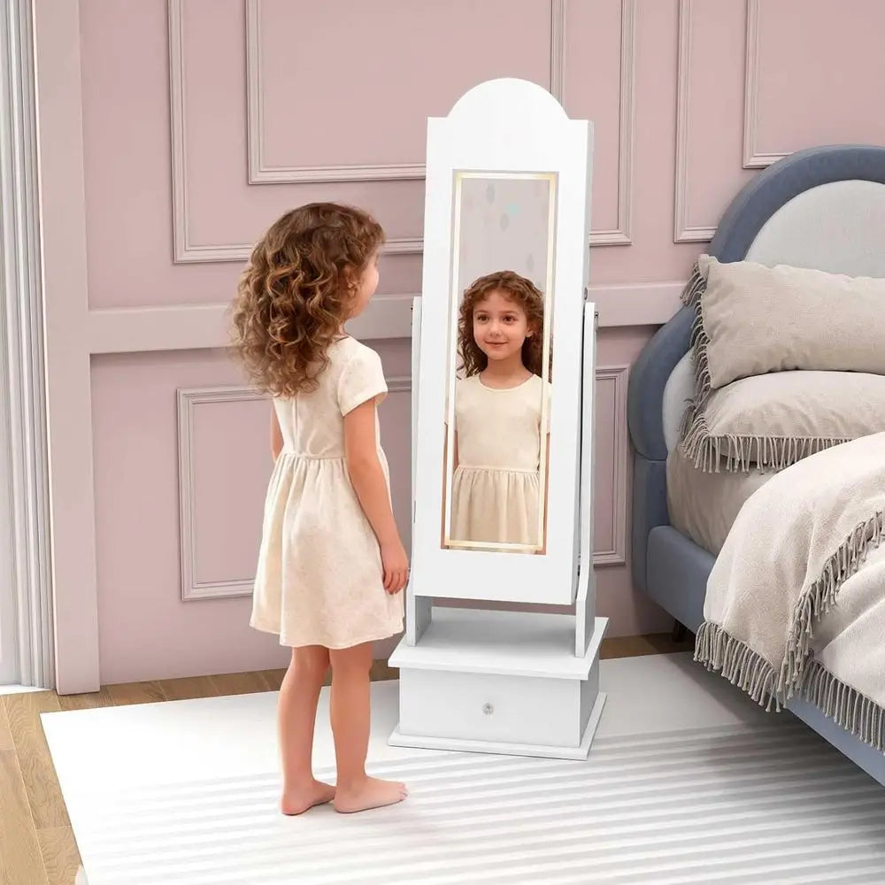 Children’s LED-Lit Jewelry Armoire with Lockable Storage & Full-Length Mirror Vanity