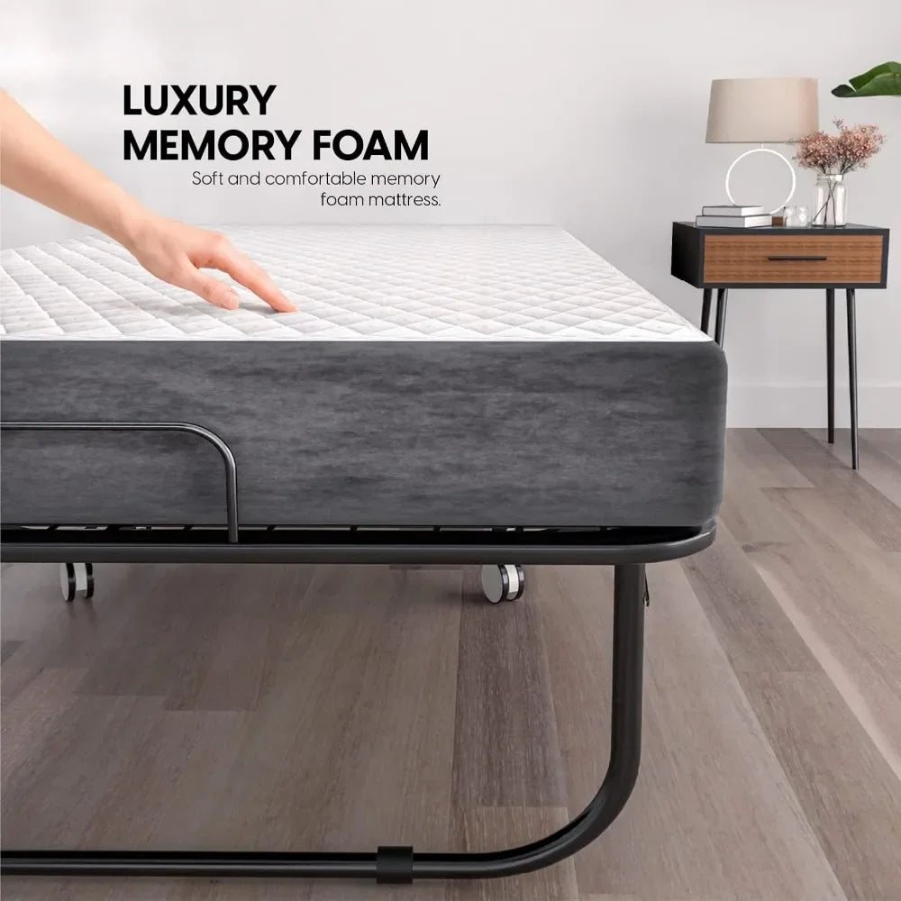 Folding Bed with Mattress - 75x31 Cot Size Frame - Portable Rollaway Guest Bed with 5-inch Memory Foam Mattress - Space-Saving