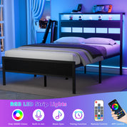 Satifur Full/Queen Size Bed Frame with LED Light and Charging Station, Wood Storage Headboard with 2-Tier Shelves,Metal Platform