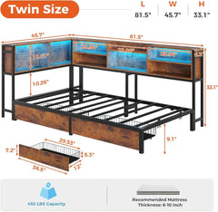 Twin Size Corner Bed Frame with Bookcase Storage and Led Lights Metal Platform Beds with 2 Drawers and Charging Station