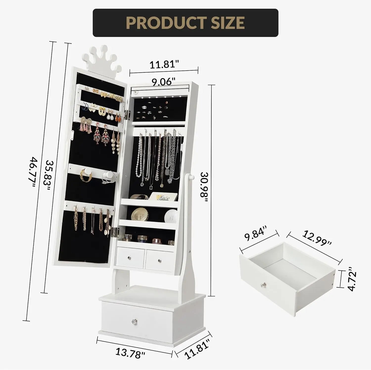 Freestanding Kids Jewelry Armoire with Full-Length Mirror, LED Light & 3 Storage Drawers