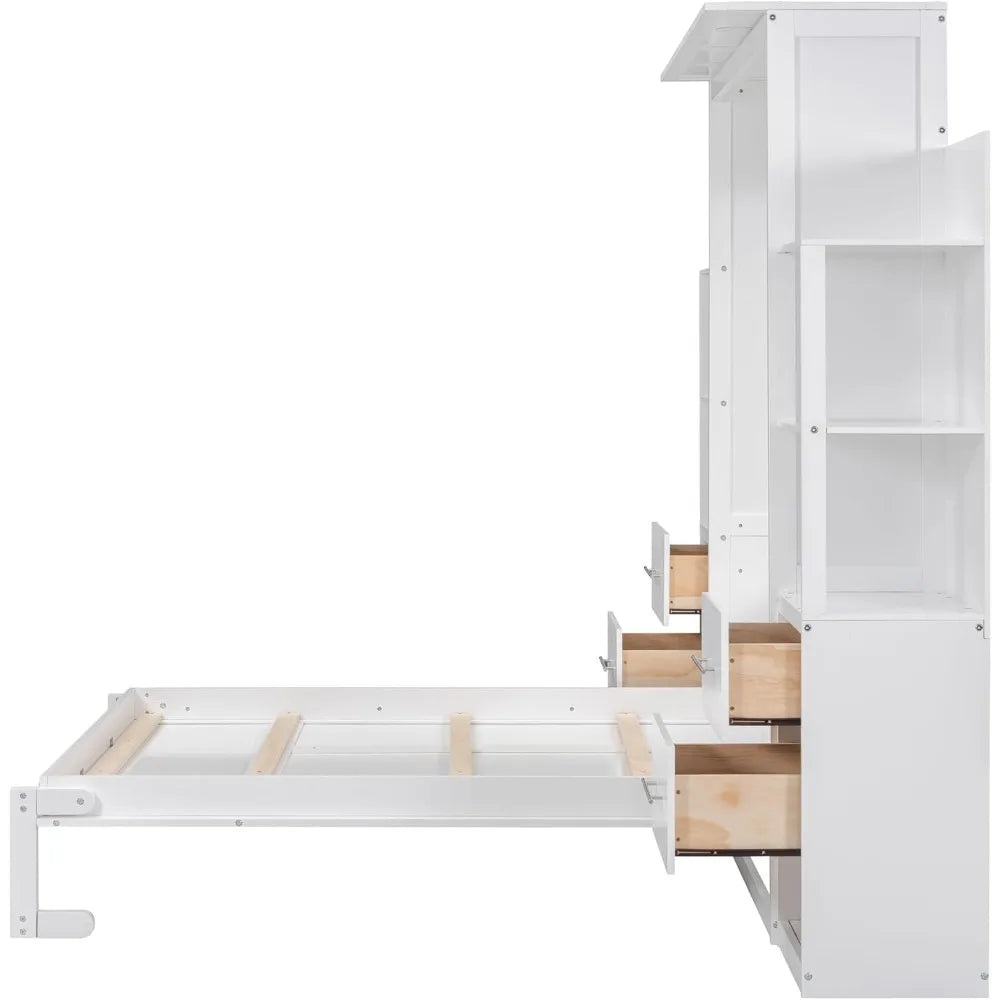Full Murphy Bed with Storage Shelves, Drawers, LED Light, and Flexible Slats Support