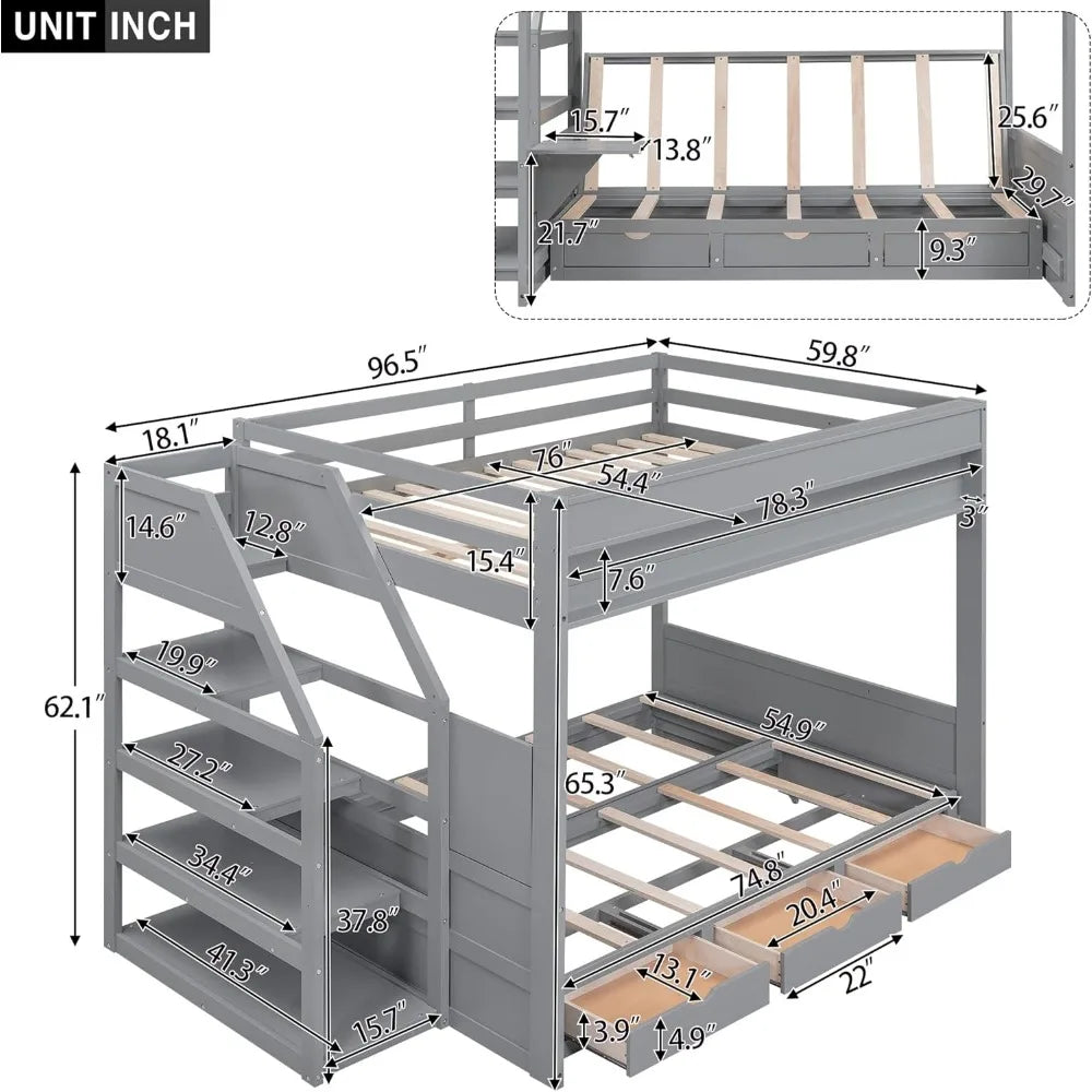 Full/Double Bunk Beds with Stairs, Built-in Small Shelf, and 3 Drawers