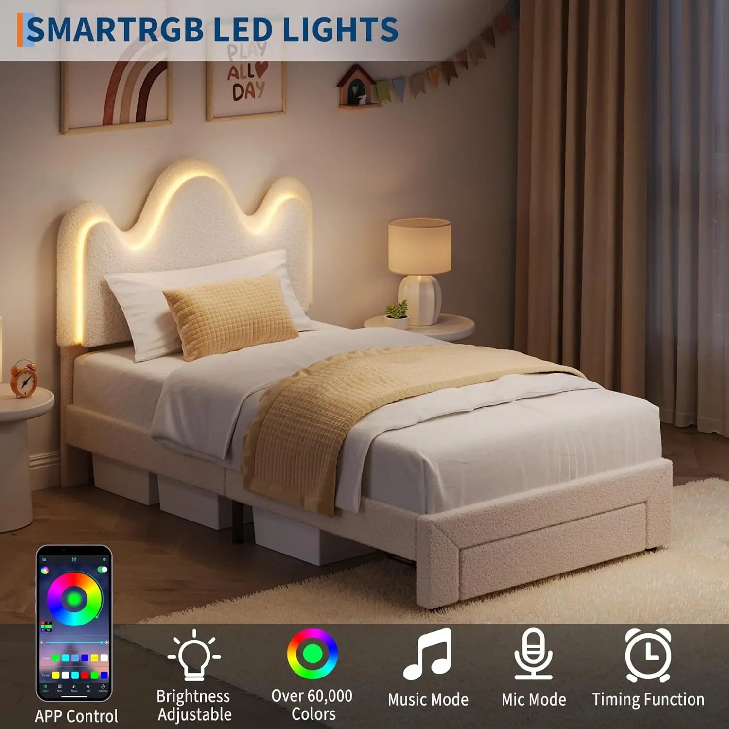 FurnishSpot™ Twin Bouclé Princess Bed Frame with Flower Headboard, LED Lighting & Storage Drawers