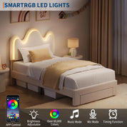 FurnishSpot™ Twin Bouclé Princess Bed Frame with Flower Headboard, LED Lighting & Storage Drawers