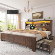 EnHomee King Size Bed Frame and Headboard, King Bed Frame with 4 Drawers USB & LED, Farmhouse Bed Built in Charging Station,No B