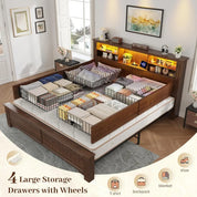 EnHomee King Size Bed Frame and Headboard, King Bed Frame with 4 Drawers USB & LED, Farmhouse Bed Built in Charging Station,No B