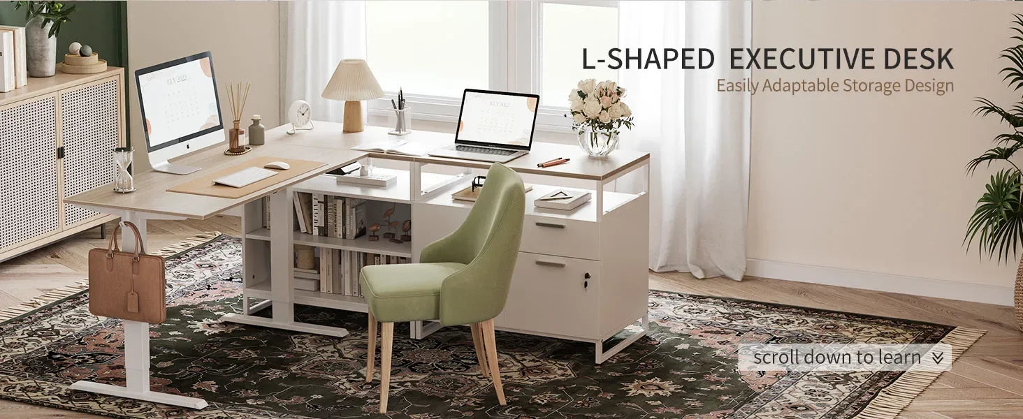 L-Shaped Executive Standing Desk with File Cabinet and Shelves, Electric Height Adjustable, Light Walnut