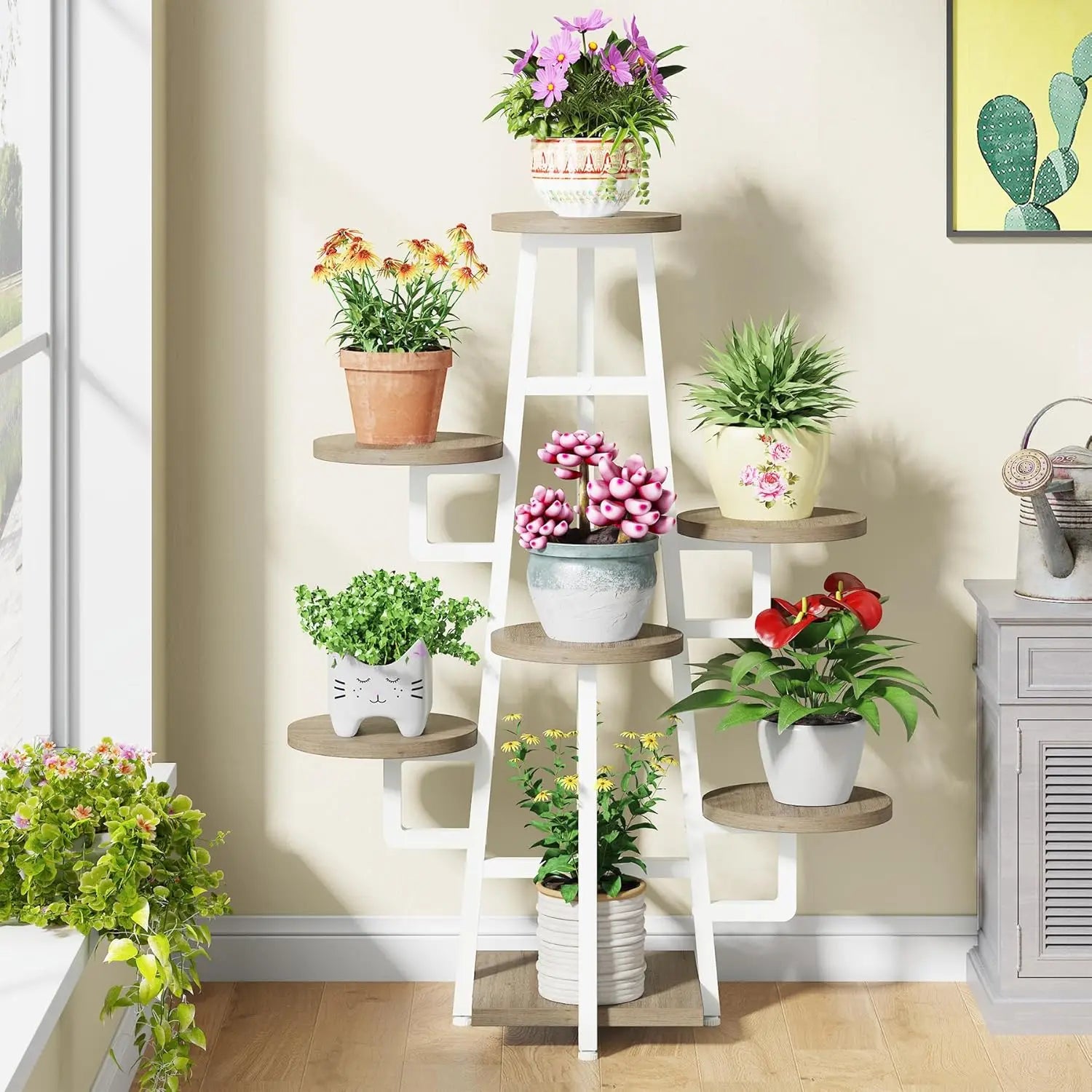 7 Tier Display Stand, Wooden Corner Plant Pots Holder  ,Tall Shelf Planter Organizer for Living Room Balcony Garden