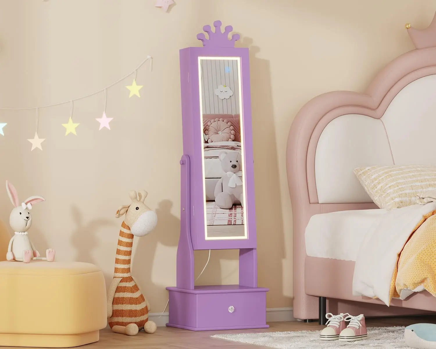 Freestanding Kids Jewelry Armoire with Full-Length Mirror, LED Light & 3 Storage Drawers