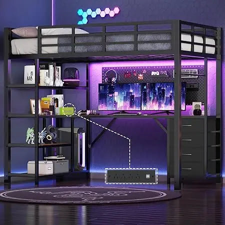 Loft Bed Twin Size with L Shape Desk,4 Drawers,3-Tier Storage Shelves Metal Loft Bed Frame with Power Outlet and LED Lighted,No