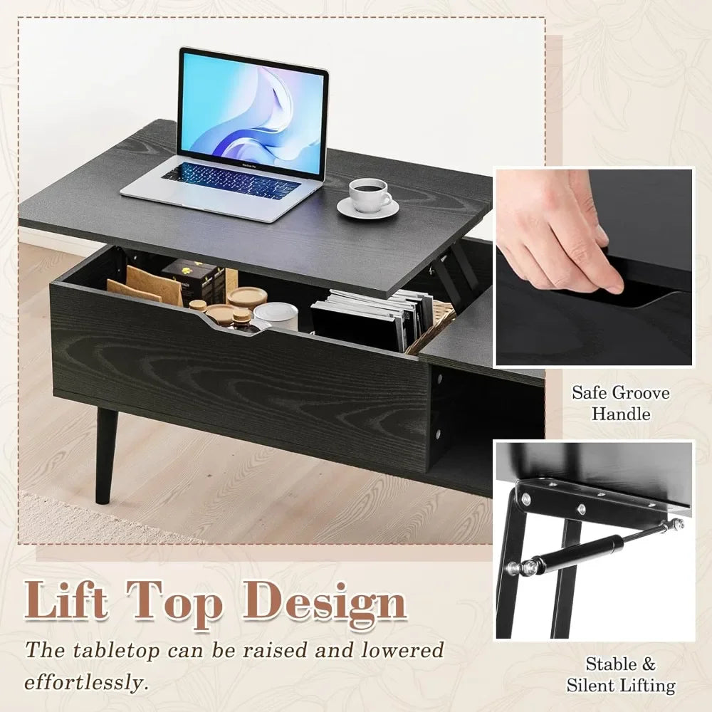 Wooden Coffee Table, Lift Top Coffee Table with Large Hidden Compartment and Shelf, Lift Tabletop Dining Table for Living Room