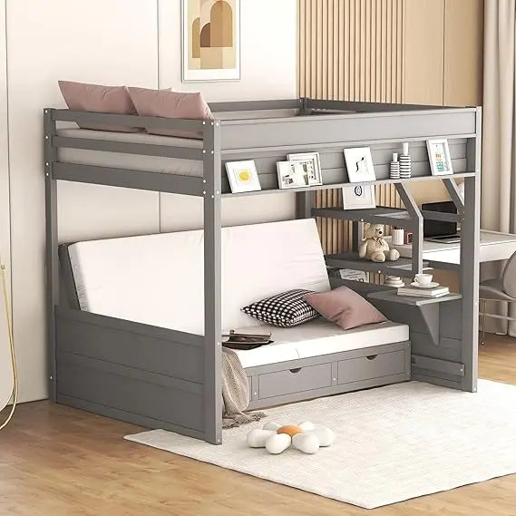 Full/Double Bunk Beds with Stairs, Built-in Small Shelf, and 3 Drawers