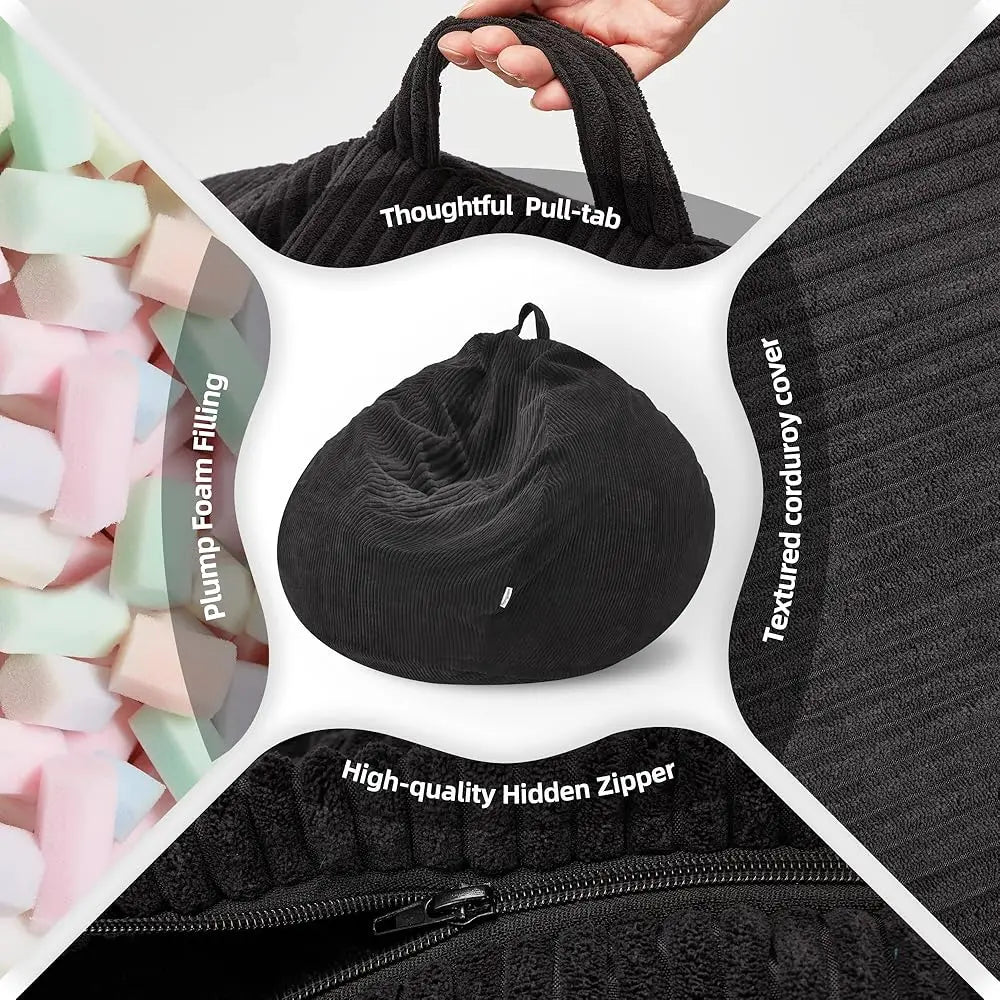 Bean Bag Chair: Teardrop Bean Bags With Memory Foam Filled, Compact Beanbag Chairs Soft Sofa With Corduroy Cover (Black)