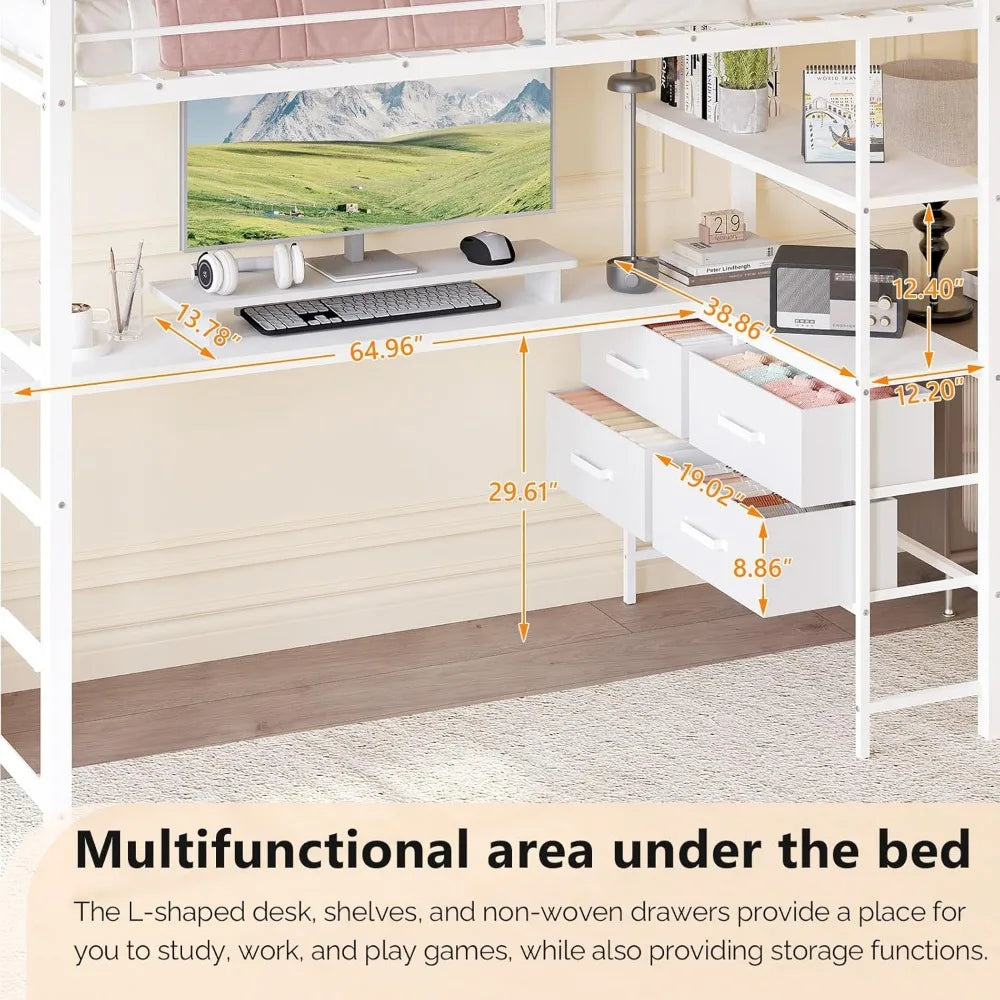 Twin Metal Loft Bed Frame With 15" Safety Guardrail, Non-Slip Ladder, 2 Charging Stations, L-Shaped Desk, and Storage Shelves