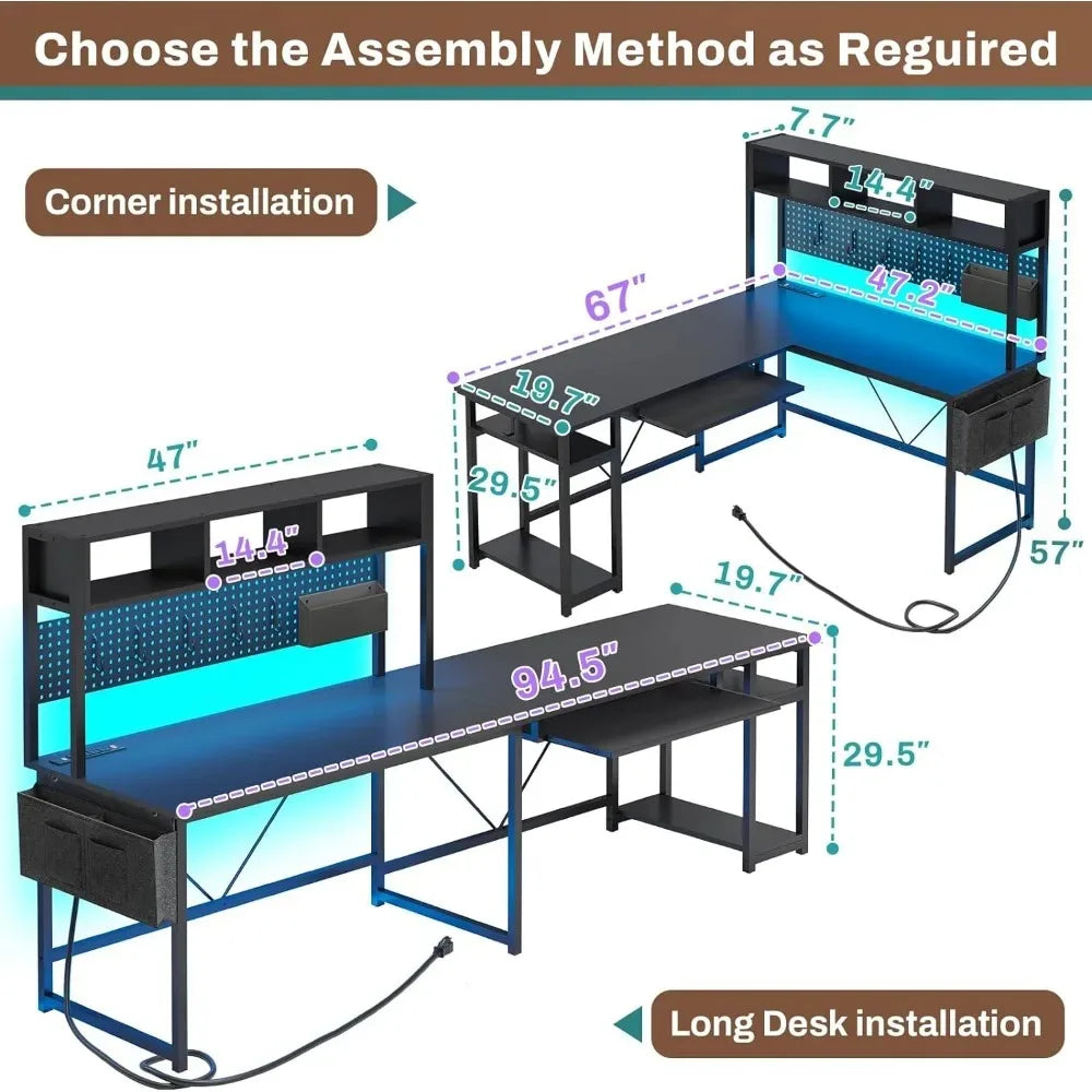 Reversible Computer Desk with Power Outlet and Pegboard,Gaming Desk withLed Lights,Keyboard Tray and Storage Bag for Home Office