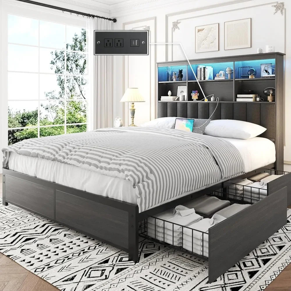 Bed Frame Queen Bed Headboard, Queen  Storage Bookcase Headboard,4 Storage Drawers & Charging Station & LED,No Box Spring Needed