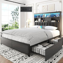 Bed Frame Queen Bed Headboard, Queen  Storage Bookcase Headboard,4 Storage Drawers & Charging Station & LED,No Box Spring Needed