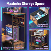 55" Gaming Desk with LED Lights & Outlets,Computer Desk with Drawers & Monitor Stand,Gaming Table with Storage Shelves