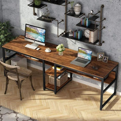 Desk with Bookshelf, 78.7 Computer Office Double Desk for Two Person, Rustic Writing Desk Workstation with Shelf for Home Office