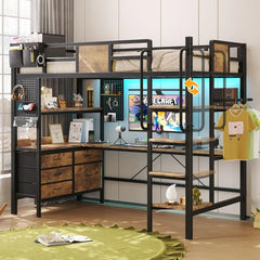 Bunk Bed with Desk Underneath, RGB LED Lights, Charging Station, and 5 Storage Drawer Cabinets