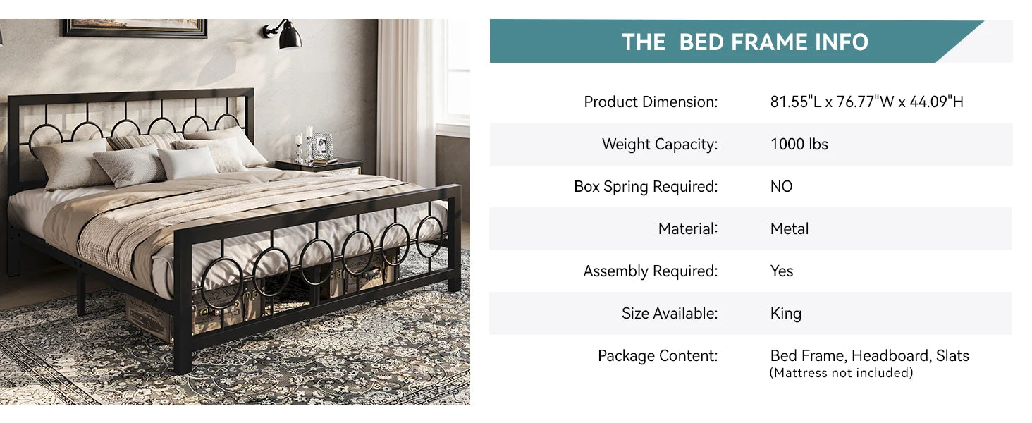 Metal Platform Bed Frame with Vintage Circular Design Headboard and Footboard