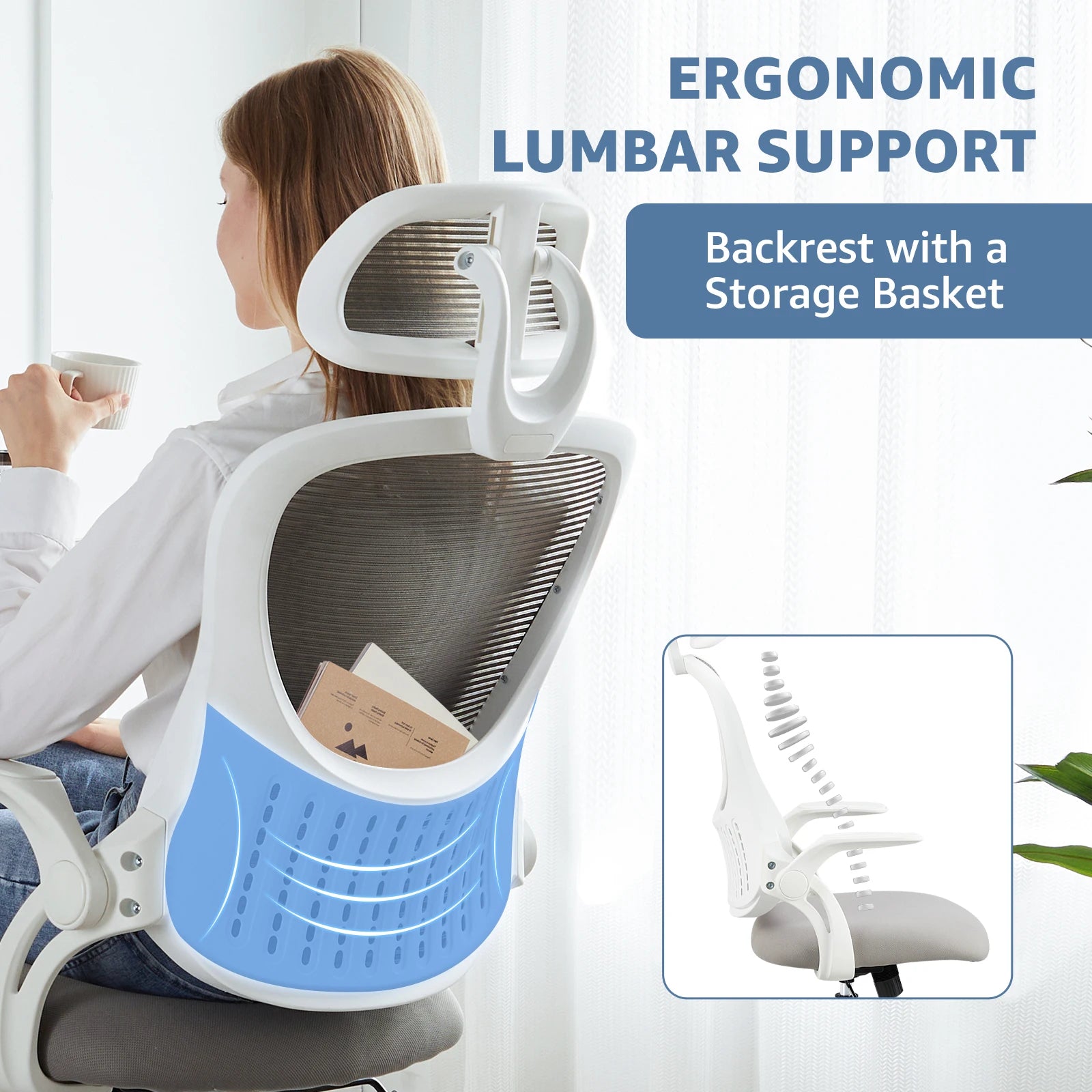 Ergonomic Adjustable Headrests, Lumbar Support Office Chair with Flip-up Arms