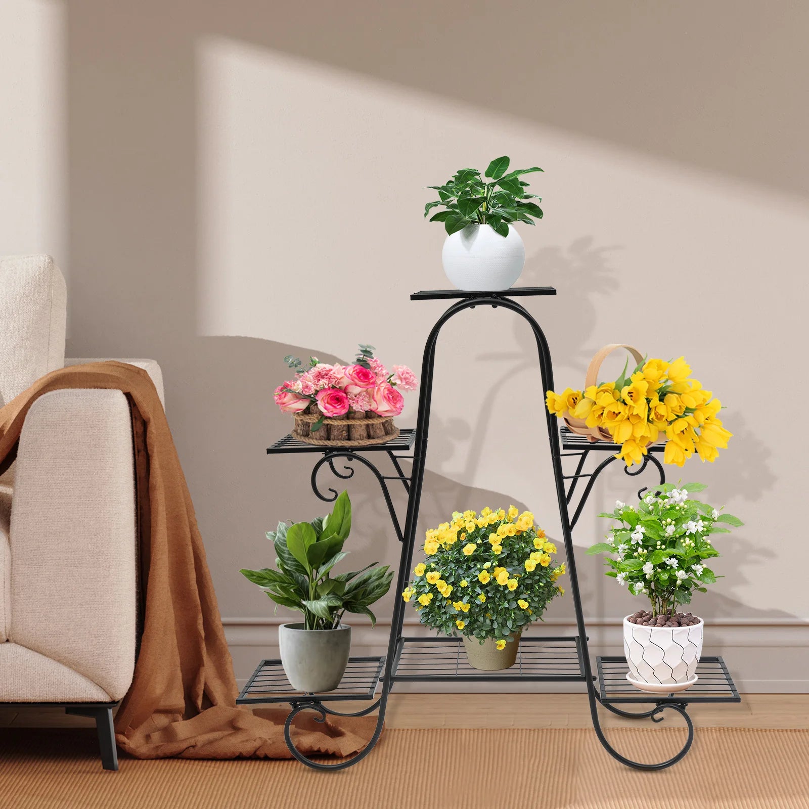 Modern Nordic Style Iron Square Plant Stand, 6-Tier Black Baking Lacquer Shelf, Holder for Plants Decor, Max Load 10kg per Tier