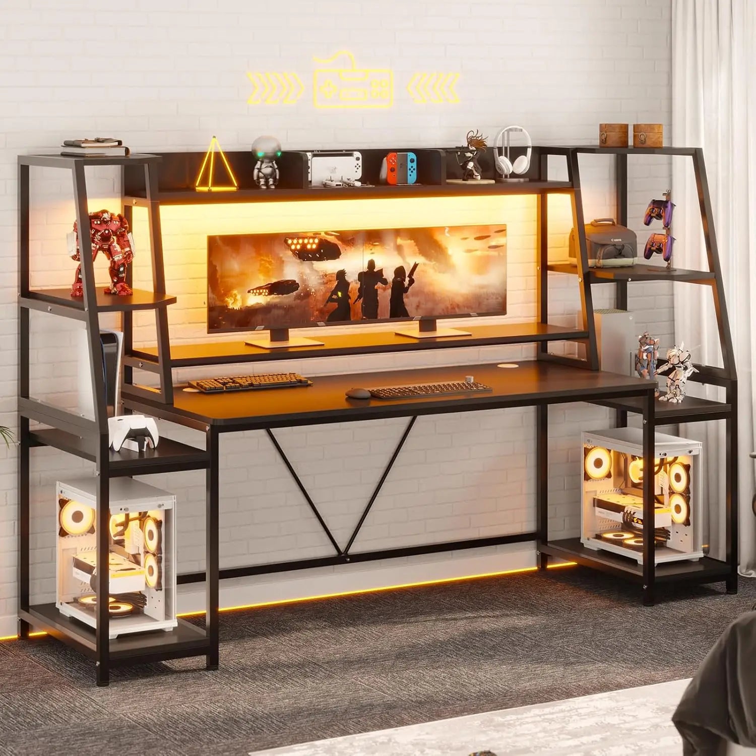 FurnishSpot Multifunctional Gaming Desk with LED Lights, Monitor Stand & Storage Shelves – 55” RGB PC Workstation Desk