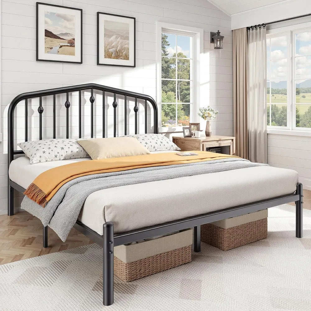 14 Inch Queen Bed Frame, Sturdy Rustic Metal Bed Frame Queen Size, Queen Bed Frame with Headboard and 12.5" Under