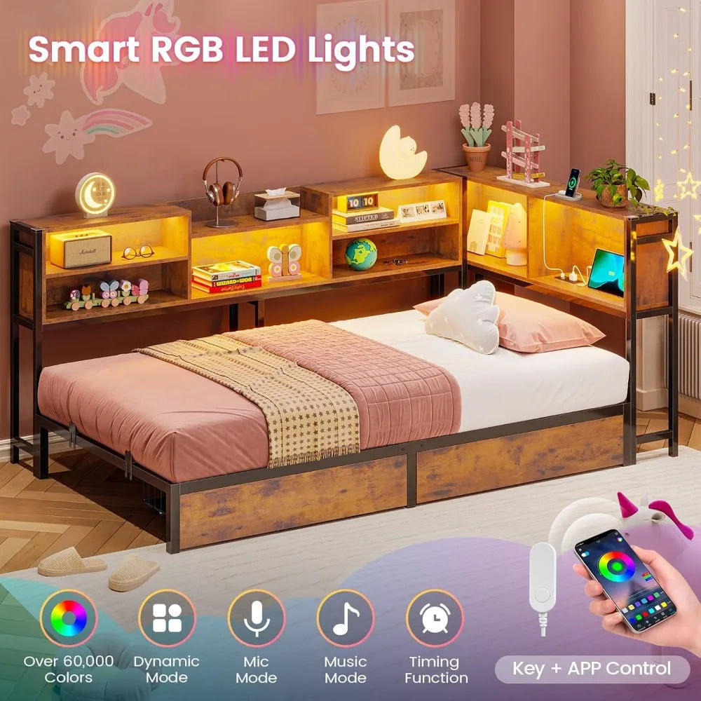 FurnishSpot Twin Corner Bed with Storage Drawers, Bookcase Headboard, LED Lights & Charging Station, Space-Saving Modern Kids Bed