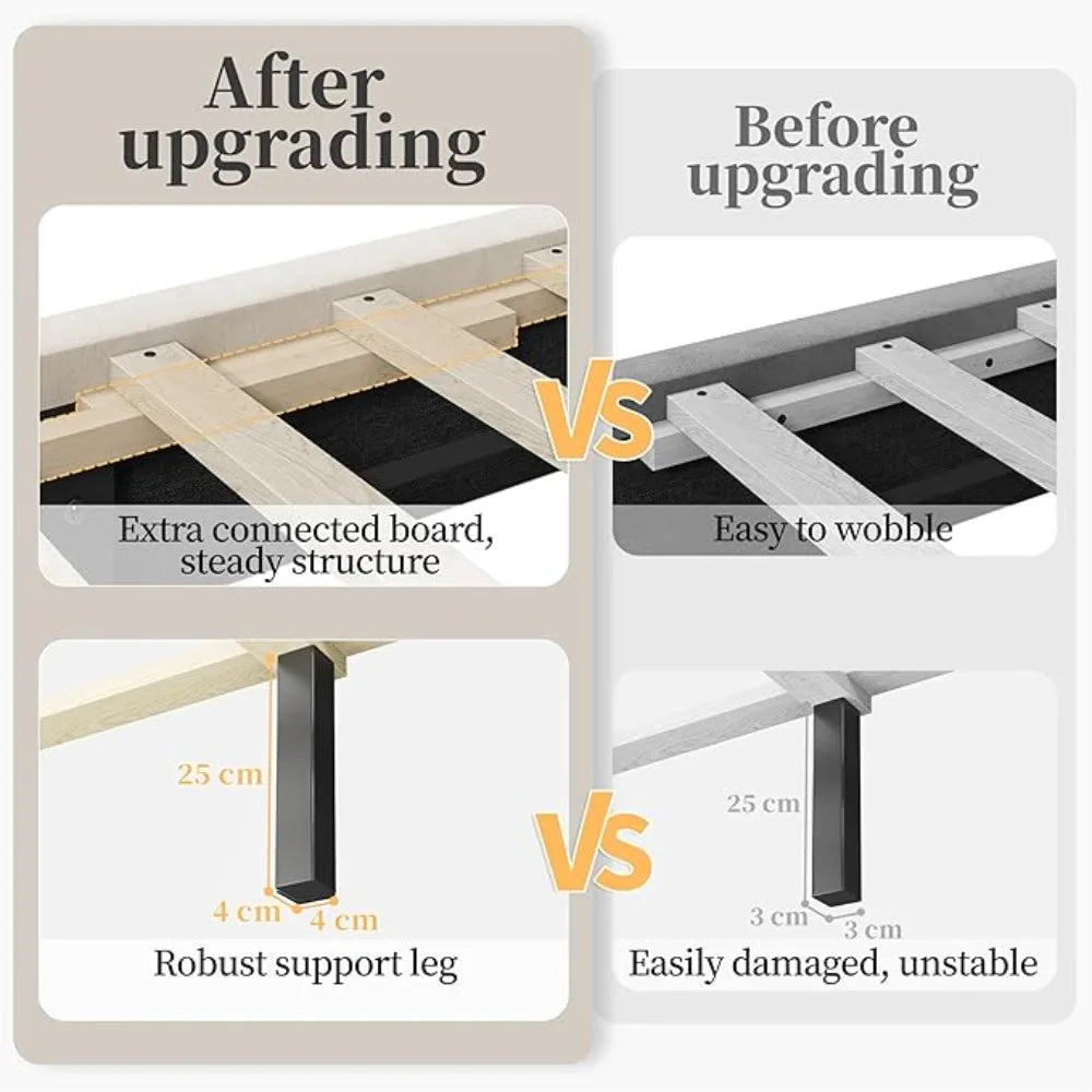 Bed Frame Upholstered Platform Bed w/Wing Side/Wooden Slat Support/Tufted Headboard w/Wing Side, No Box Spring Needed