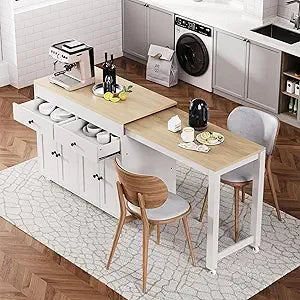 74.5" Kitchen Island with Extendable Dining Table,Rolling Kitchen Island on Wheels, Storage Cart with 4 Door Cabinet, Spice Rac