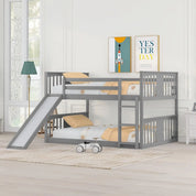 Full Over Full Low Bunk Bed with Slide and Fence Railings Wood Floor Bunk Beds with Ladder for Toddler Kids Boys Girls, Espresso