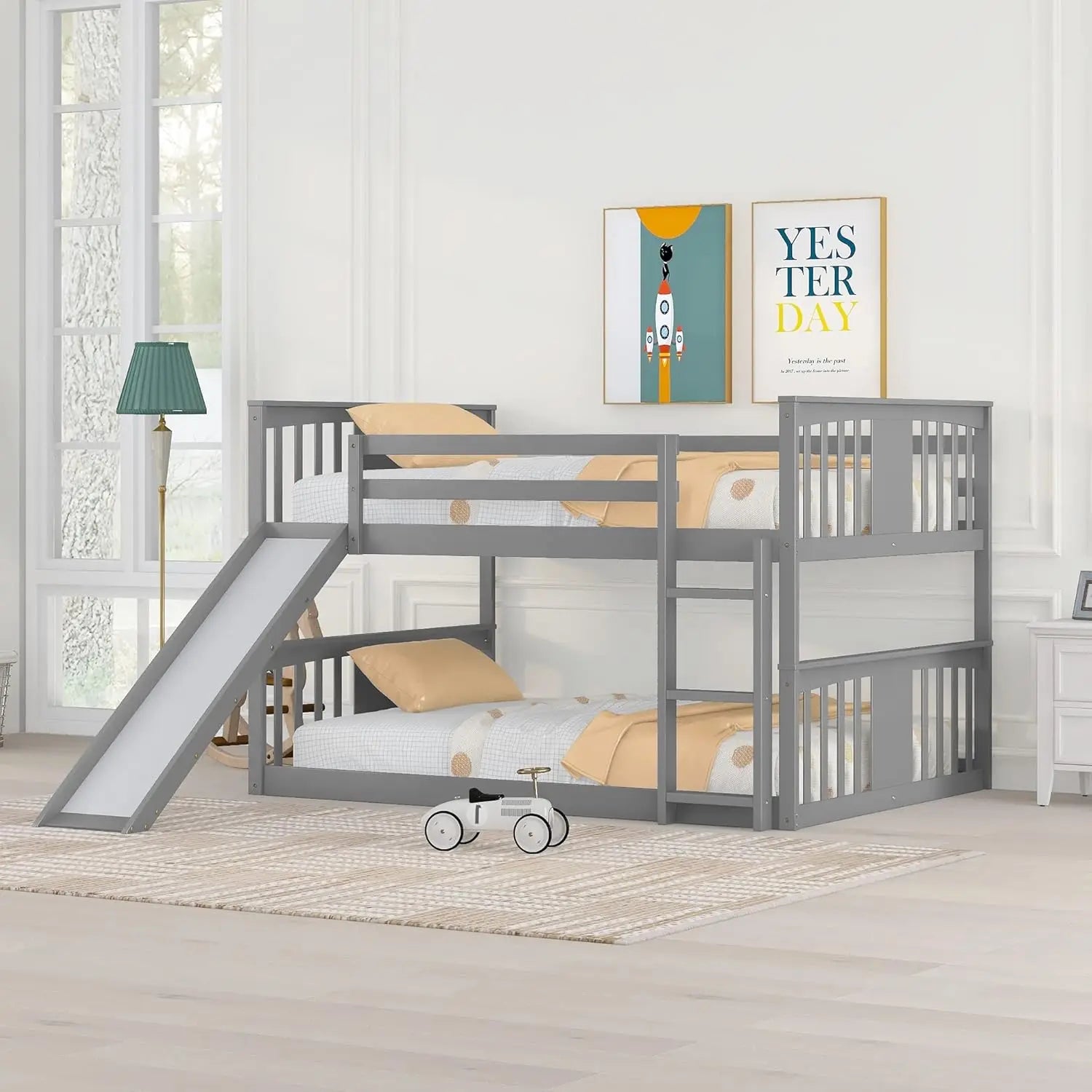 Full Over Full Low Bunk Bed with Slide and Fence Railings Wood Floor Bunk Beds with Ladder for Toddler Kids Boys Girls, Espresso