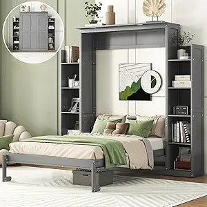 Full Murphy Bed with Storage Shelves, Drawers, LED Light, and Flexible Slats Support