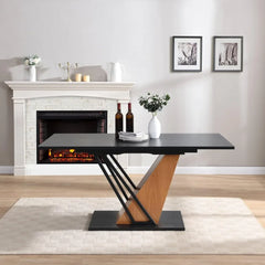 Extendable Dining Room Table for 4-6, Modern 61.81" (46.46") Wooden Geometric Rectangular Expandable Conference Kitchen Table wi
