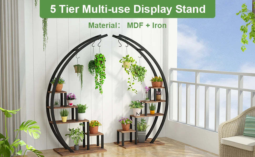 2-Pack 5-Tier Half-Moon Plant Shelf – Metal Flower Stand for Home, Patio, Garden, Balcony