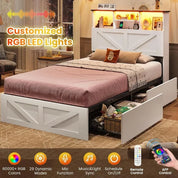 Twin Size Bed Frame with Bookcase Storage Headboard Charging Station & LED Lights Wooden Bed Frames Featuring 4 Drawers